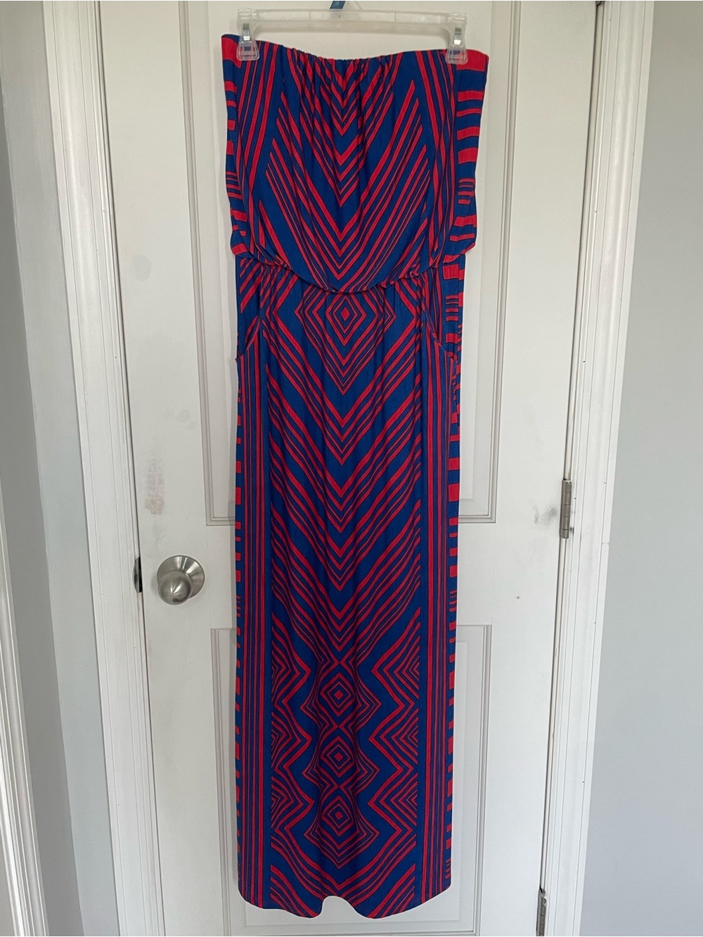 Bold Blue and Pink Strapless Geometric Maxi Dress